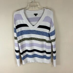Ann Taylor Factory  100% Cotton V-Neck  Striped Sweater Size Small